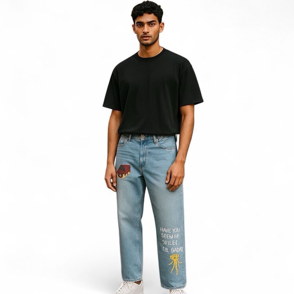 Zara x Pepo Moreno Light Blue Graphic Print Cotton Denim Baggy Jeans Size 29